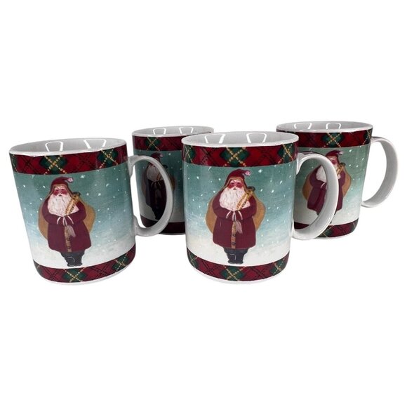 4 Block By Gear Father Christmas Santa Mug 1995 Cup Set Holiday Plaid Tartan VTG - Picture 1 of 12